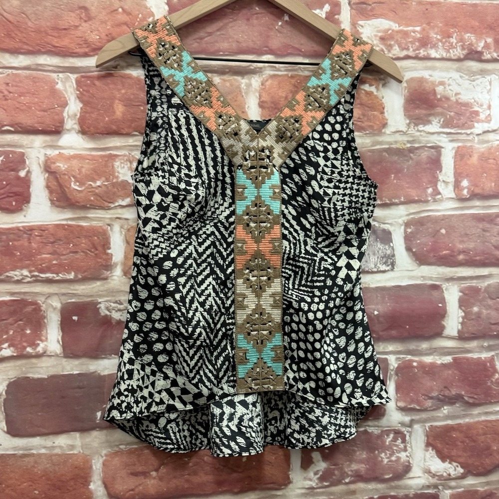 Anthropologie THML Top Womens XS Multicolor Boho Abstract Embroidered Tank Shirt